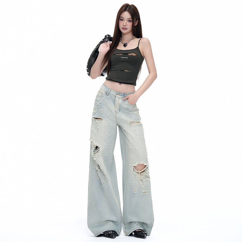 흔들어서 톤 폭발 트렌드 무거운 작업 핫픽스 다주 찢어진 부분 스트레이트 팬츠 여성 워싱 마 오래된 디자인 센스 데님 긴 바지 이미지 2