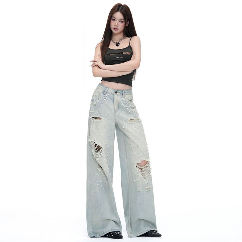 흔들어서 톤 폭발 트렌드 무거운 작업 핫픽스 다주 찢어진 부분 스트레이트 팬츠 여성 워싱 마 오래된 디자인 센스 데님 긴 바지