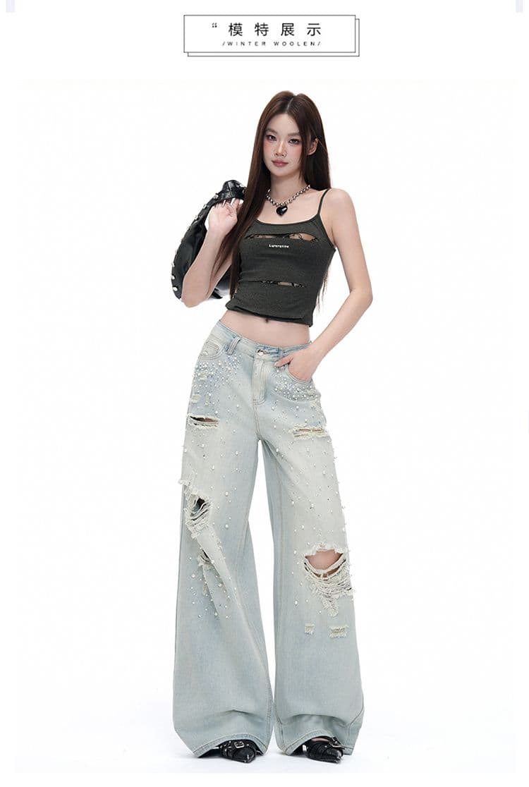 흔들어서 톤 폭발 트렌드 무거운 작업 핫픽스 다주 찢어진 부분 스트레이트 팬츠 여성 워싱 마 오래된 디자인 센스 데님 긴 바지 상세 이미지 12