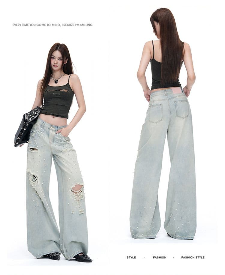 흔들어서 톤 폭발 트렌드 무거운 작업 핫픽스 다주 찢어진 부분 스트레이트 팬츠 여성 워싱 마 오래된 디자인 센스 데님 긴 바지 상세 이미지 14