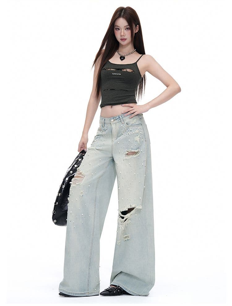 흔들어서 톤 폭발 트렌드 무거운 작업 핫픽스 다주 찢어진 부분 스트레이트 팬츠 여성 워싱 마 오래된 디자인 센스 데님 긴 바지 상세 이미지 15