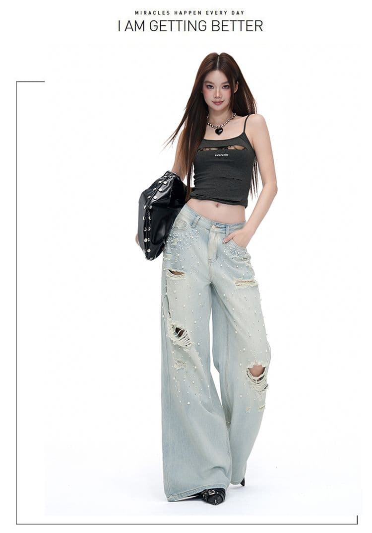 흔들어서 톤 폭발 트렌드 무거운 작업 핫픽스 다주 찢어진 부분 스트레이트 팬츠 여성 워싱 마 오래된 디자인 센스 데님 긴 바지 상세 이미지 16