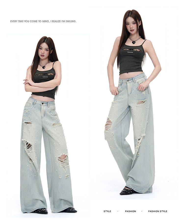 흔들어서 톤 폭발 트렌드 무거운 작업 핫픽스 다주 찢어진 부분 스트레이트 팬츠 여성 워싱 마 오래된 디자인 센스 데님 긴 바지 상세 이미지 17