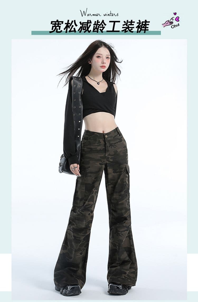 샤오홍 예약하기 추천 2026 이른 가을 레트로 카모플라주 워크웨어 부츠컷 바지 소녀 아메리칸 루즈핏 도루 길다 바닥 청소 트렌디 바지 상세 이미지 1