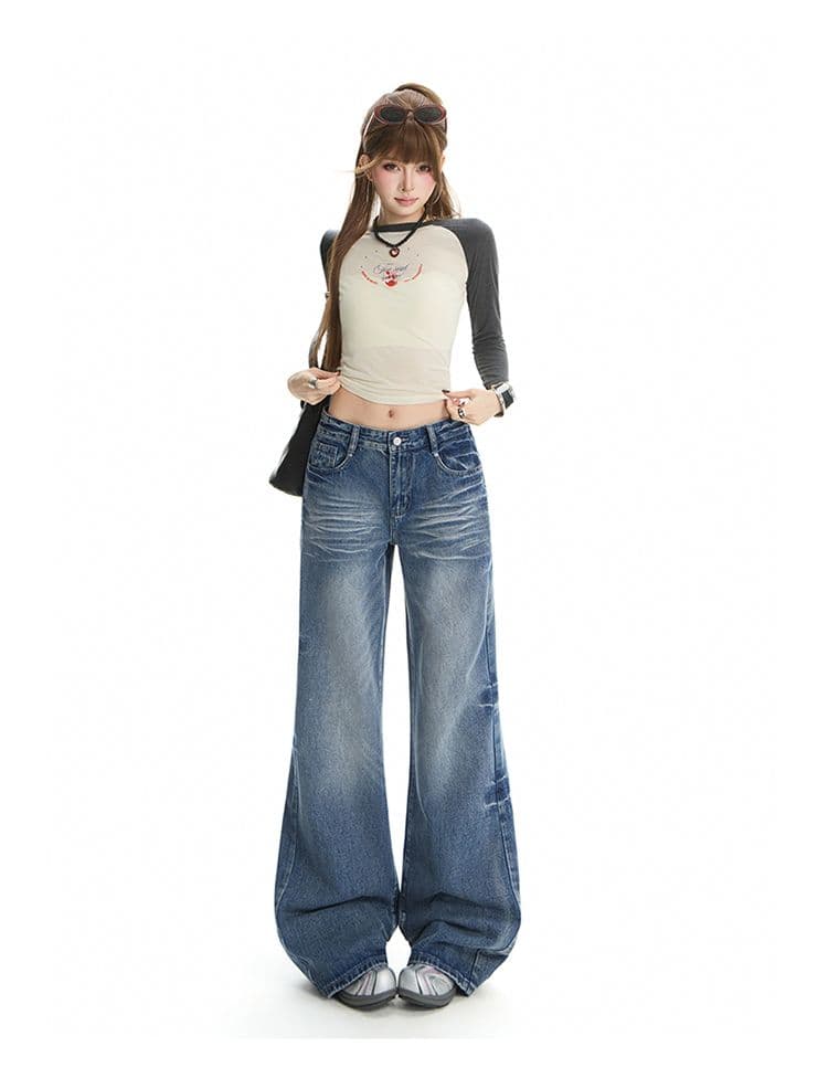 한국 동대문 여성 의류 아메리칸 높음 빛 블루 바닥 청소 데님 와이드 레그 팬츠 레트로 로우 웨이스트 부츠컷 스트레이트 바지 상세 이미지 7