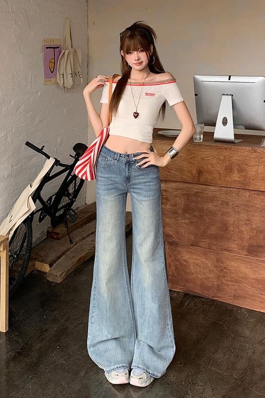 일본식 아메리칸 레트로 노스탤지어 블루 워싱 부츠컷 바지 높음 폭탄 몸매 가꾸기 아니요 막대기 다리 디스플레이 높음 여성 데님 긴 바지 이미지 6