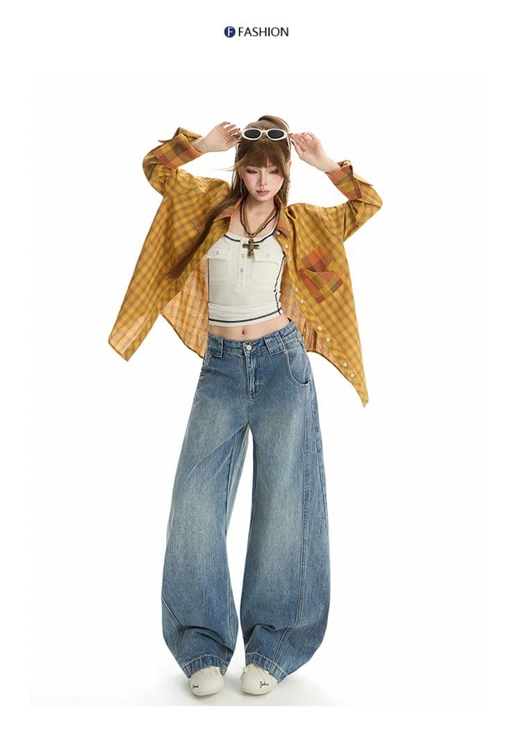 생방송 디자인 센스 워싱 마 오래된 바나나 와이드 레깅스 바지 아메리칸 레트로 하이웨이스트 도루 피하다. 스트레이트 데님 바지 상세 이미지 9