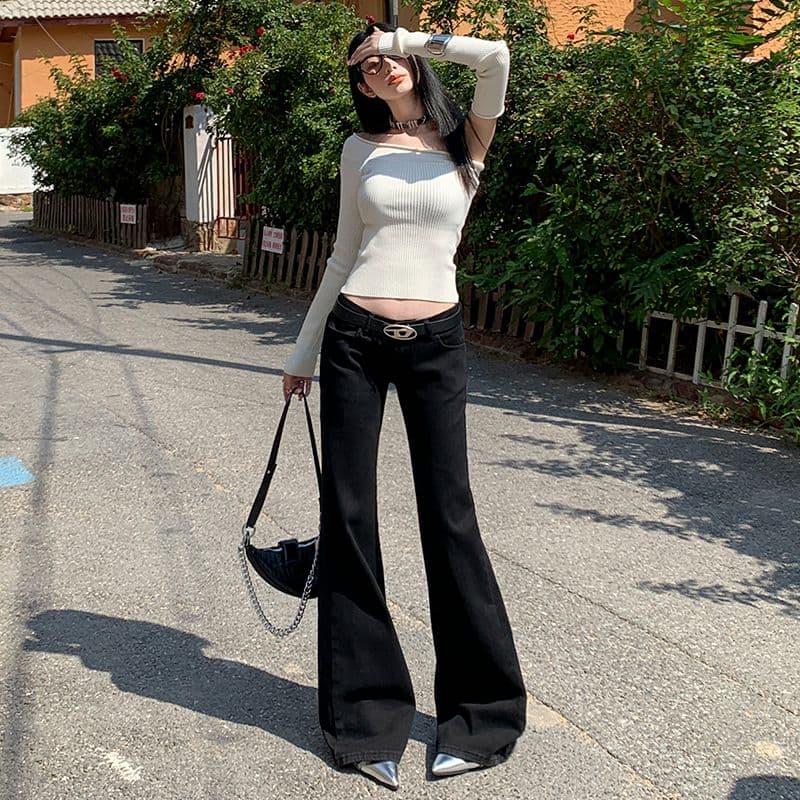 일본식 신제품 2026 가을 아메리칸 로우 웨이스트 길쭉한 비율 슬림해 보이는 워싱 부츠컷 청바지