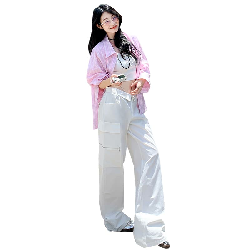 국경 간 신제품 2026 가을 트렌디 차가운 아메리칸 기타 가방 워크웨어 팬츠 여성 스트레이트 부드럽게 도루 센스 와이드 레그 팬츠 이미지 5