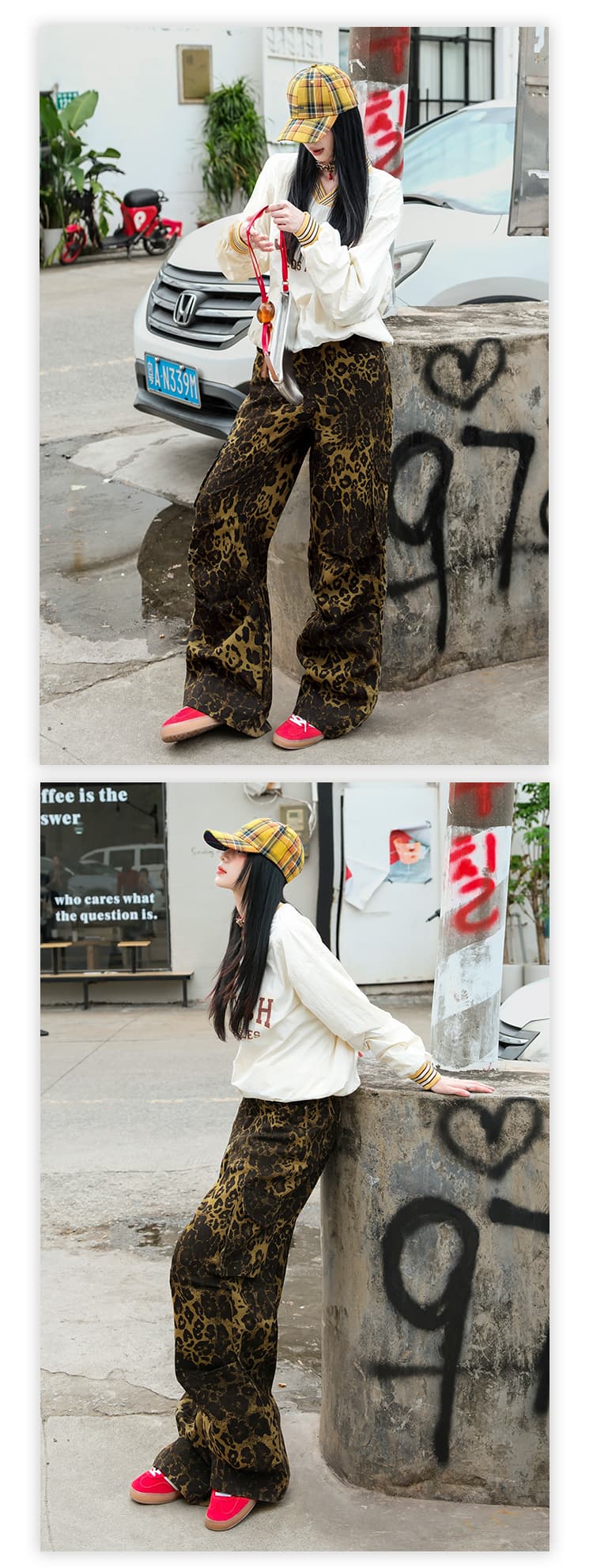 한국 싱글 신제품 26 가을 웃음 하 레오파드 무늬 워크웨어 빅 포켓 거리 수 있습니다. 조정 길이 연장 와이드 레그 팬츠 상세 이미지 12