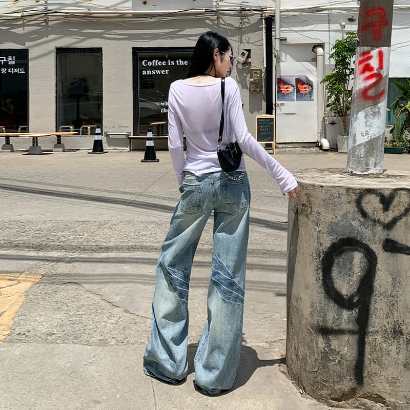 남쪽 기름 높은 품질 신제품 26 가을 압력 주름 마 오래된 로우 웨이스트 데님 아메리칸 레트로 아니요 막대기 다리 바지 이미지 2