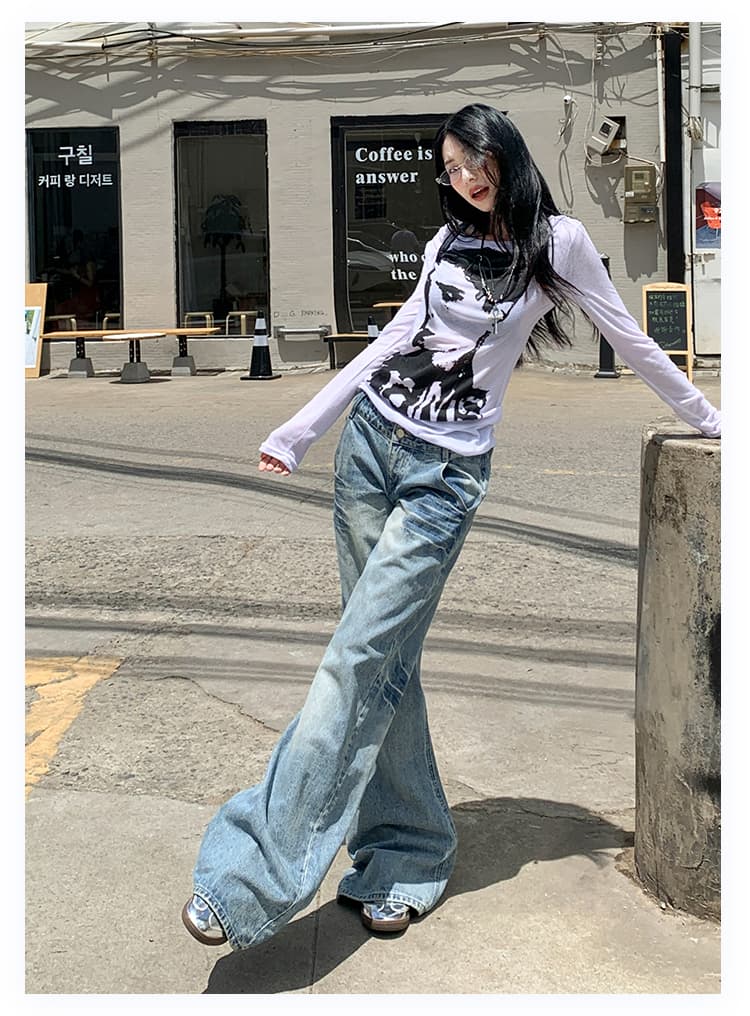 남쪽 기름 높은 품질 신제품 26 가을 압력 주름 마 오래된 로우 웨이스트 데님 아메리칸 레트로 아니요 막대기 다리 바지 상세 이미지 17