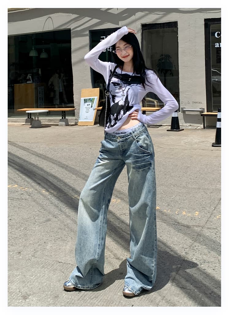 남쪽 기름 높은 품질 신제품 26 가을 압력 주름 마 오래된 로우 웨이스트 데님 아메리칸 레트로 아니요 막대기 다리 바지 상세 이미지 20