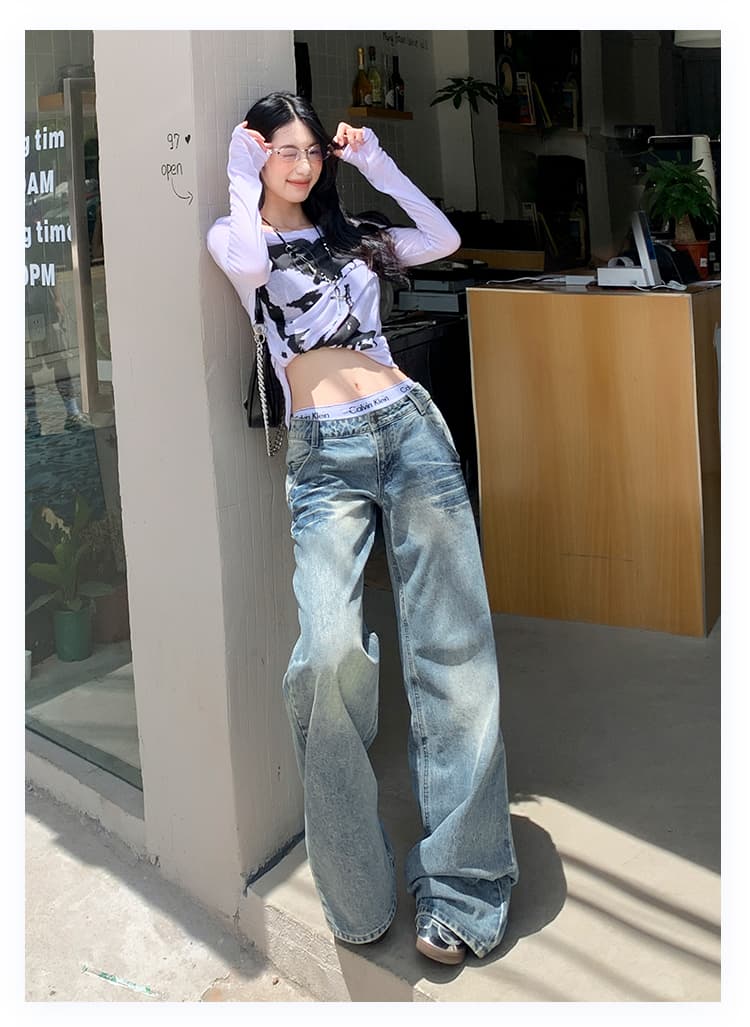남쪽 기름 높은 품질 신제품 26 가을 압력 주름 마 오래된 로우 웨이스트 데님 아메리칸 레트로 아니요 막대기 다리 바지 상세 이미지 23