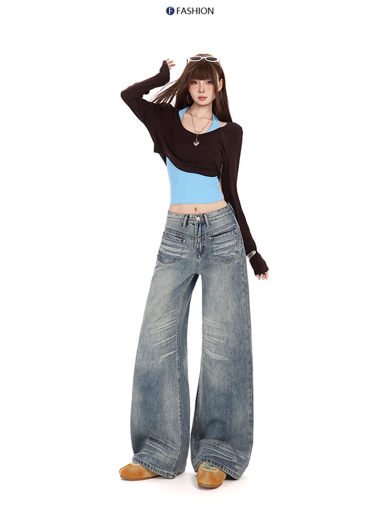 한 부서 디자인 센스 아메리칸 스트레이트 바닥 청소 청바지 여성 레트로 워싱 마 오래된 공예 루즈핏 슬림해 보이는 여성 긴 바지 상세 이미지 15