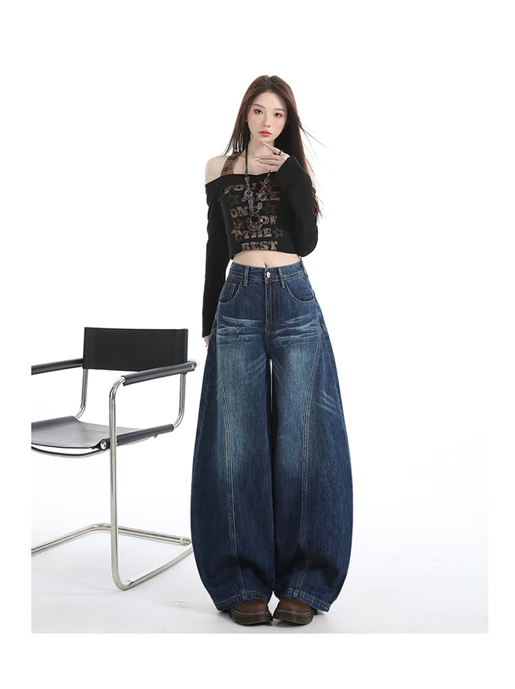 한국 싱글 하이웨이스트 디자인 센스 모통이 칼 바닥 청소 바지 여성 아메리칸 레트로 높음 거리 루즈핏 스트레이트 넓은 다리 데님 긴 바지 상세 이미지 15