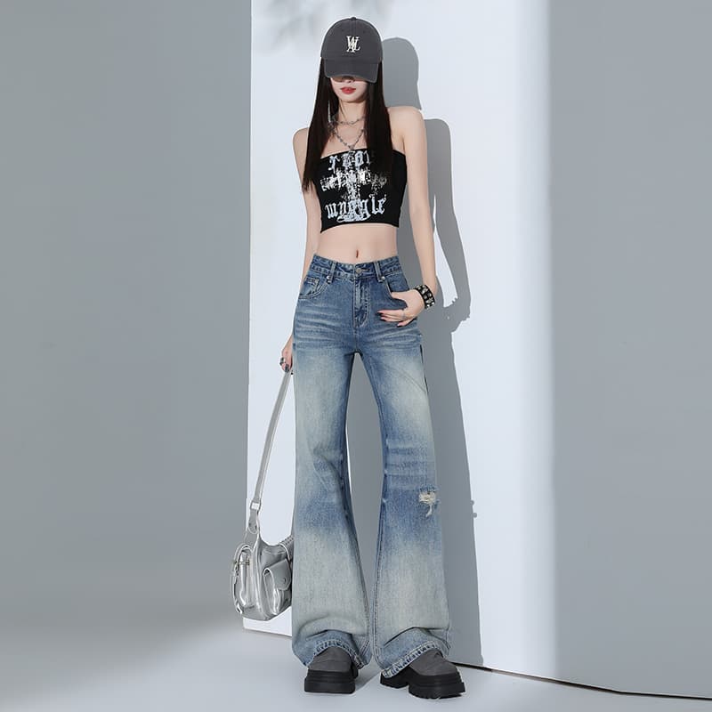 일본식 2026 가을 아메리칸 하늘색 찢어진 부분 플레어 바지 로우 웨이스트 작은 키 루즈핏 부츠컷 넓은 다리 청바지