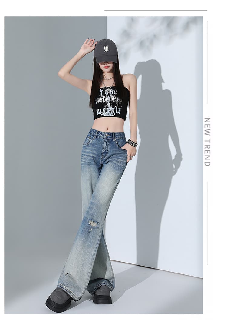 일본식 2026 가을 아메리칸 하늘색 찢어진 부분 플레어 바지 로우 웨이스트 작은 키 루즈핏 부츠컷 넓은 다리 청바지 상세 이미지 8