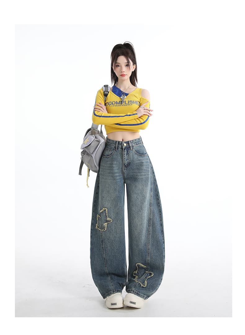 한국 싱글 마 오래된 별 천 막대기 넓은 다리 청바지 여성 아메리칸 레트로 디자인 스트레이트 슬림해 보이는 트렌드 긴 바지 상세 이미지 7