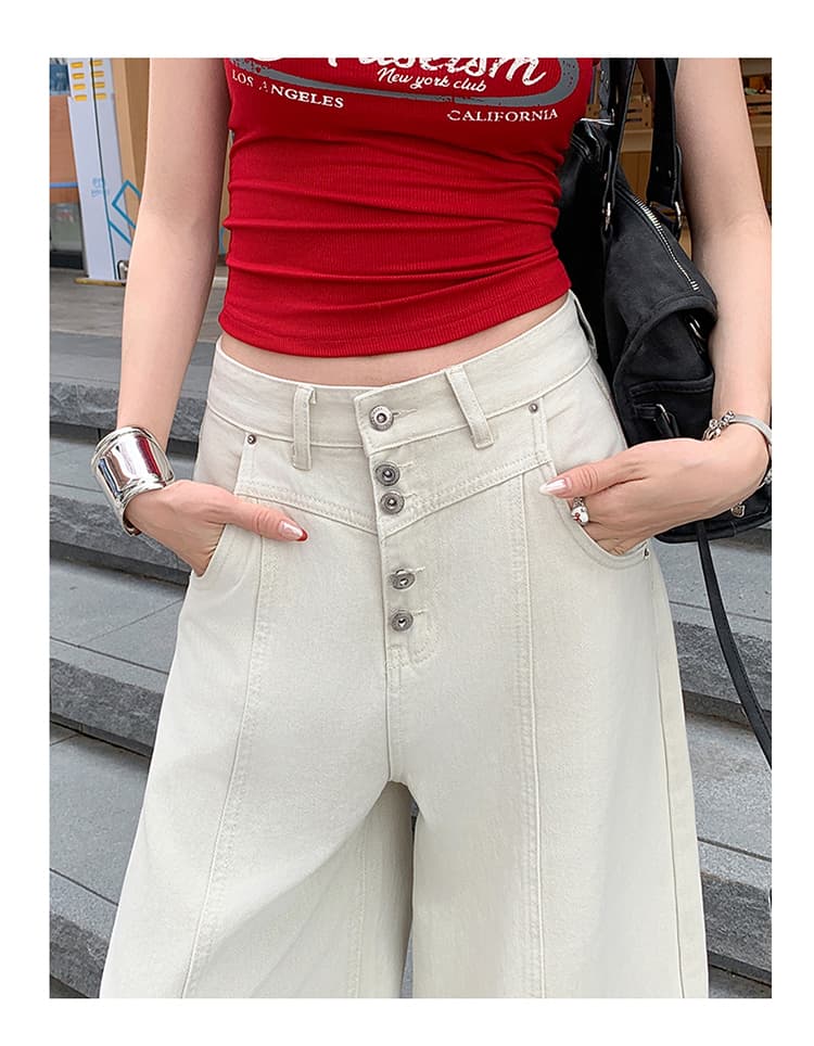 한국 싱글 레트로 칙칙한 흰색 싱글 줄 버튼 넓은 다리 청바지 여성 아메리칸 도루 센스 하이웨이스트 다용도 롱 코트 바지 상세 이미지 20