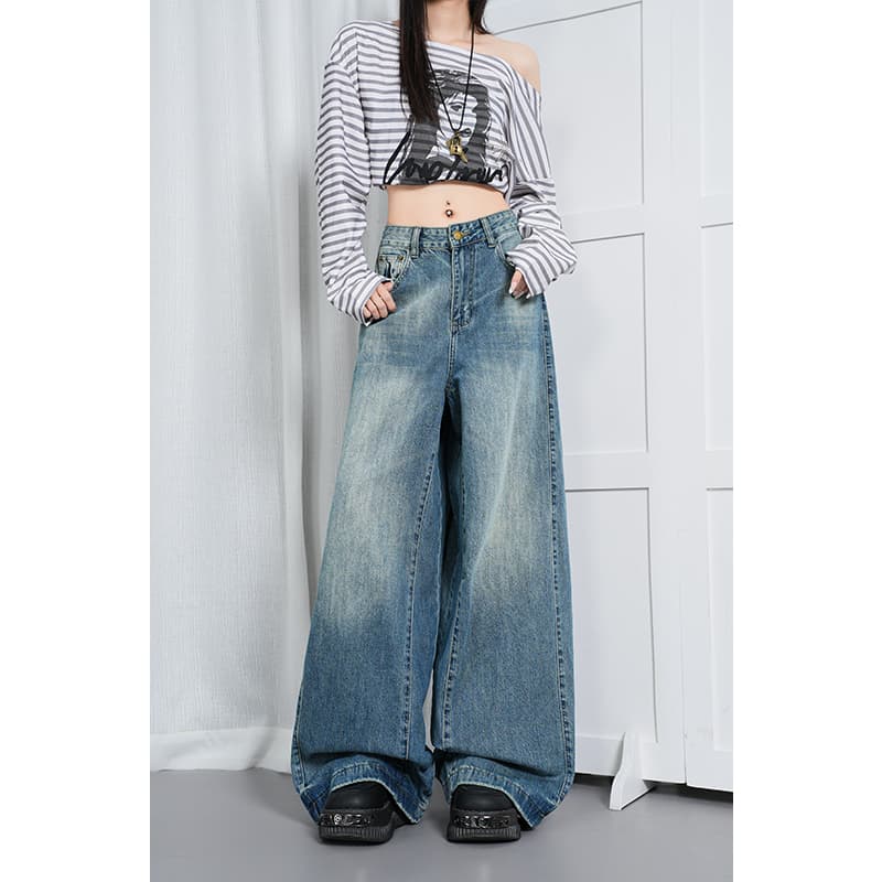 흔들어서 톤 폭발 Chic 파리 버클 세부 사항 자연 부담하지 마세요. 调性 도루 피하다. 스트레이트 넓은 다리 바닥 청소 청바지 이미지 3