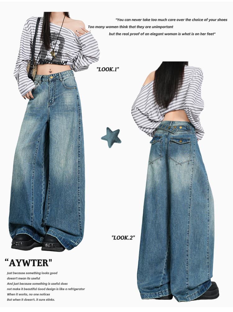 흔들어서 톤 폭발 Chic 파리 버클 세부 사항 자연 부담하지 마세요. 调性 도루 피하다. 스트레이트 넓은 다리 바닥 청소 청바지 상세 이미지 2