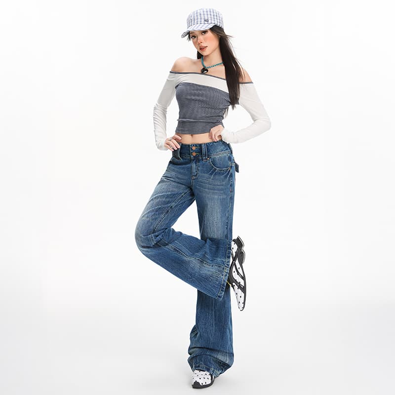 생방송 26 새로운 아메리칸 레트로 진한 파란색 청바지 여성 더블 버클 디자인 로우 웨이스트 아니요 막대기 다리 부츠컷 나팔 바지 이미지 3