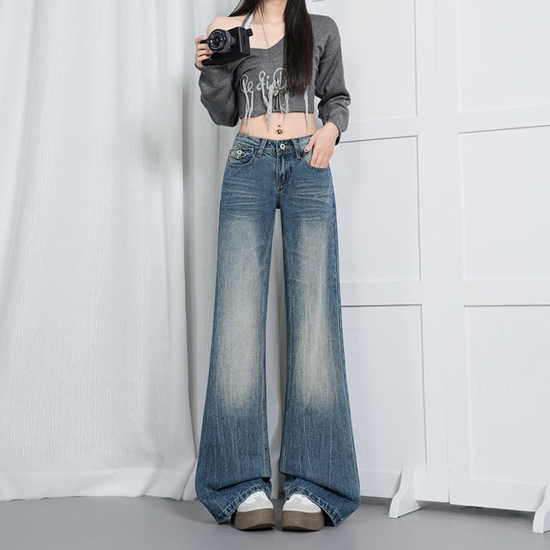 흔들어서 톤 폭발 가을 신제품 레트로 분위기 센스 아메리칸 높음 거리 아니요 막대기 다리 부츠컷 청바지 여성