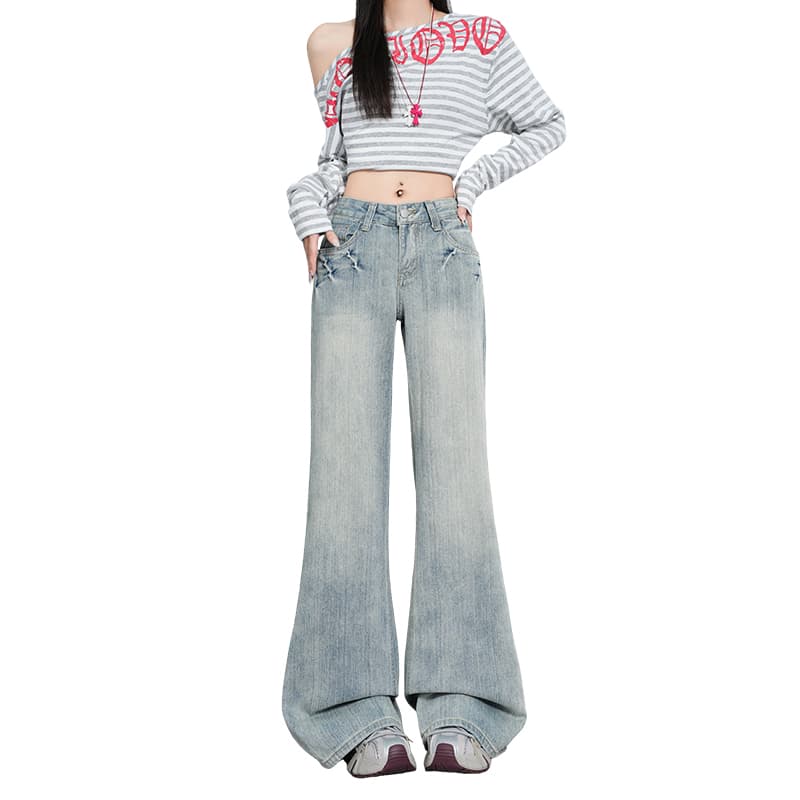 샤오홍 예약하기 추천 신제품 가을 뜨거운 달콤한 욕망 센스 허리 머리 아메리칸 레트로 아니요 막대기 다리 마이크로 나팔 데님 이미지 5