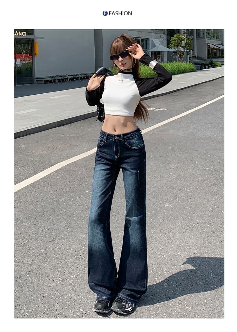 남쪽 기름 높은 품질 블루 회색 워싱 신축성 호스 슈 청바지 여성 아메리칸 레트로 스타일 로우 웨이스트 부츠컷 롱 바지 상세 이미지 12