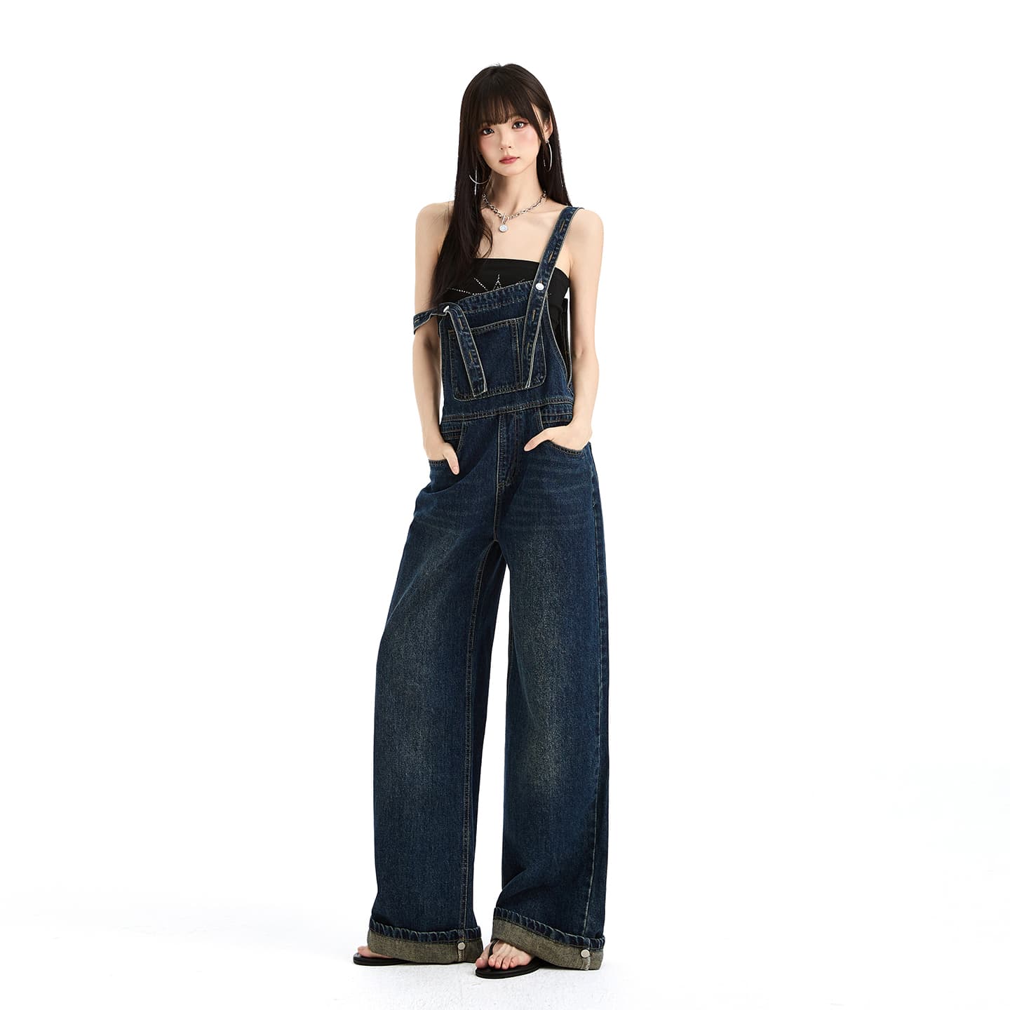 일본식 레트로 스타일 데님 올인원 멜빵 바지 여성 2026 새로운 한국 스타일 루즈핏 하이웨이스트 슬림해 보이는 넓은 다리 길이 바지 이미지 3