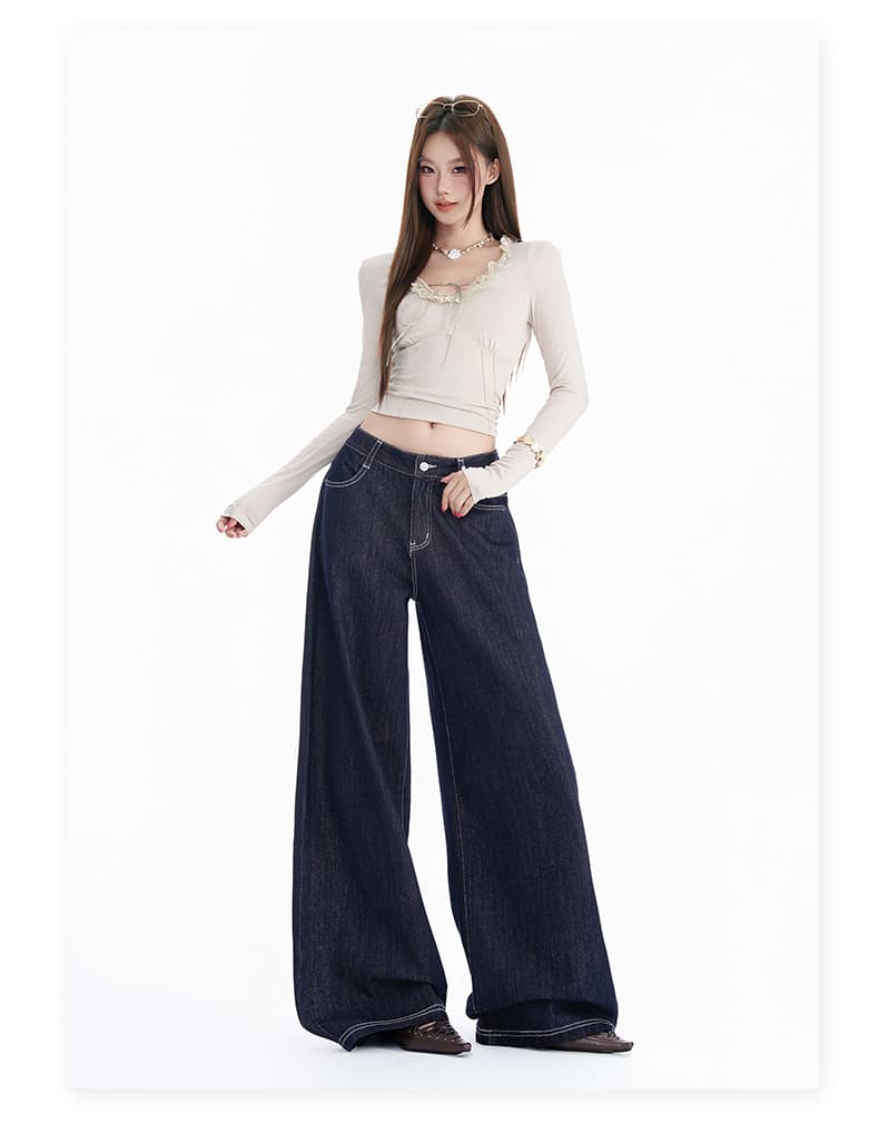 샤오홍 예약하기 추천 단 닝 블루 국방 페이딩 워싱 넓은 다리 청바지 여성 가을 겨울 새로운 중간 허리 패치워크 이후 가방 바지 상세 이미지 13