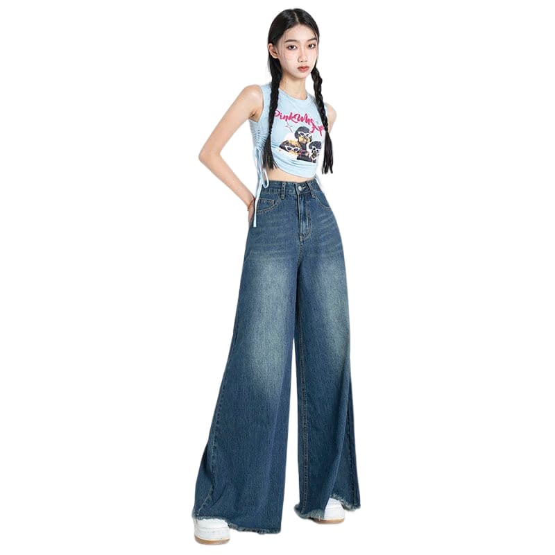 일본식 이문화 블랙 회색 데님 바닥 닦기 바지 워싱 레트로 코끼리 다리 대 바지 거친 가장자리 발 측면 넓은 다리 바지 이미지 5