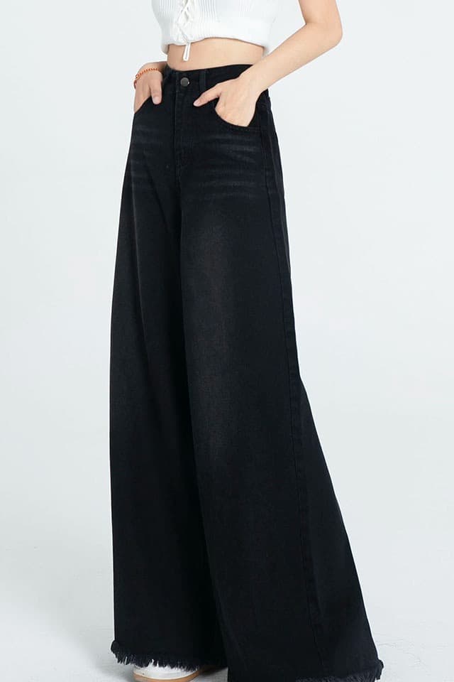 일본식 이문화 블랙 회색 데님 바닥 닦기 바지 워싱 레트로 코끼리 다리 대 바지 거친 가장자리 발 측면 넓은 다리 바지 이미지 6