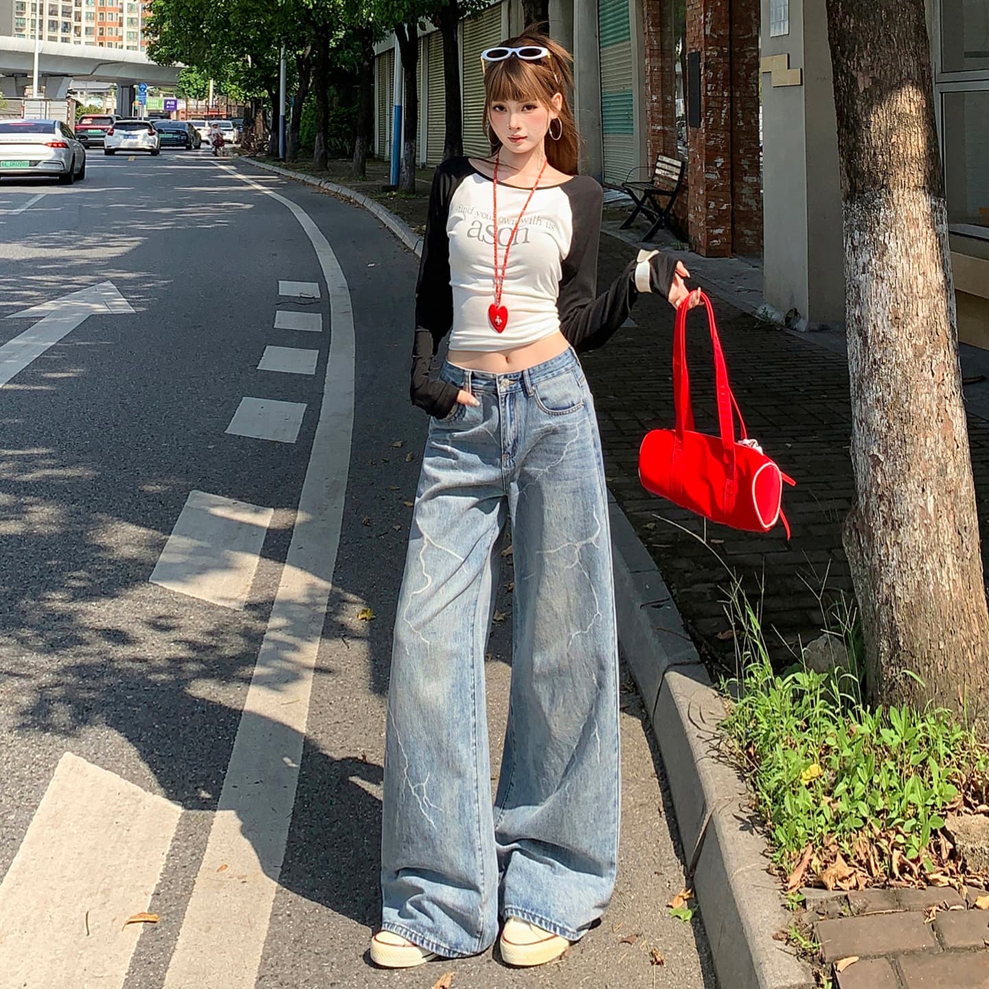한국 동대문 여성 의류 개성 번개 프린트 넓은 다리 스트레이트 청바지 여성 아메리칸 레트로 새로운 긴 바지 이미지 2