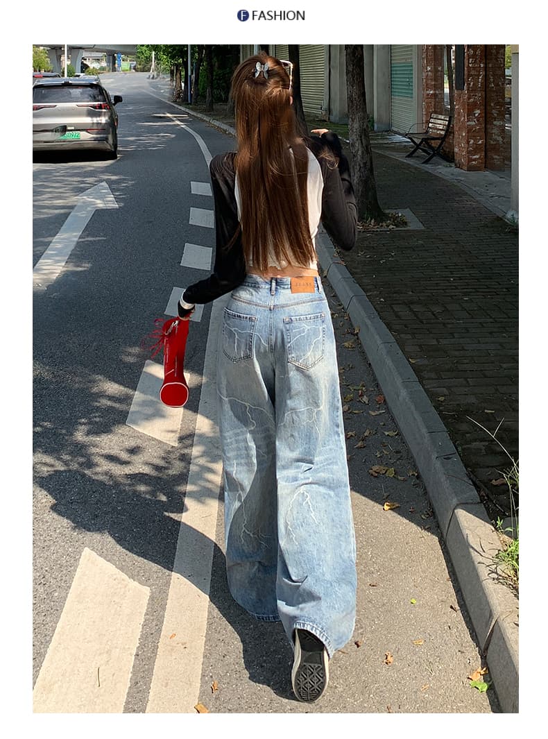 한국 동대문 여성 의류 개성 번개 프린트 넓은 다리 스트레이트 청바지 여성 아메리칸 레트로 새로운 긴 바지 상세 이미지 18
