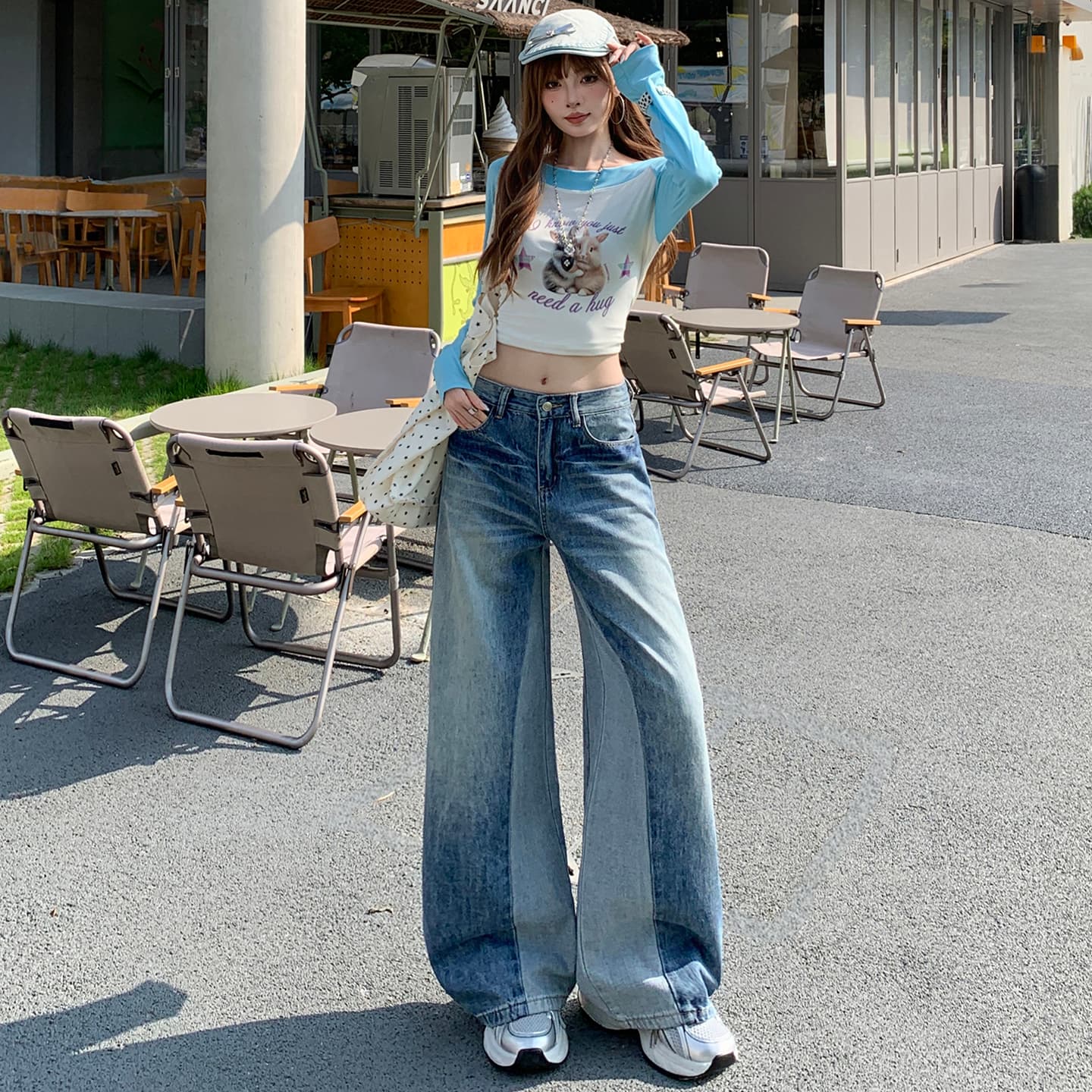 한국 싱글 패치워크 패치워크 색상 스트레이트 청바지 여성 아메리칸 레트로 블루 새로운 패션 와 성별 트렌드 바지 이미지 3