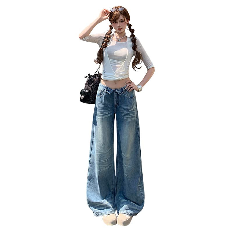 흔들어서 톤 폭발 새로운 레트로 워싱 스트레이트 청바지 여성 아메리칸 뒤집다 折腰 머리 디자인 센스 다용도 바지 이미지 5