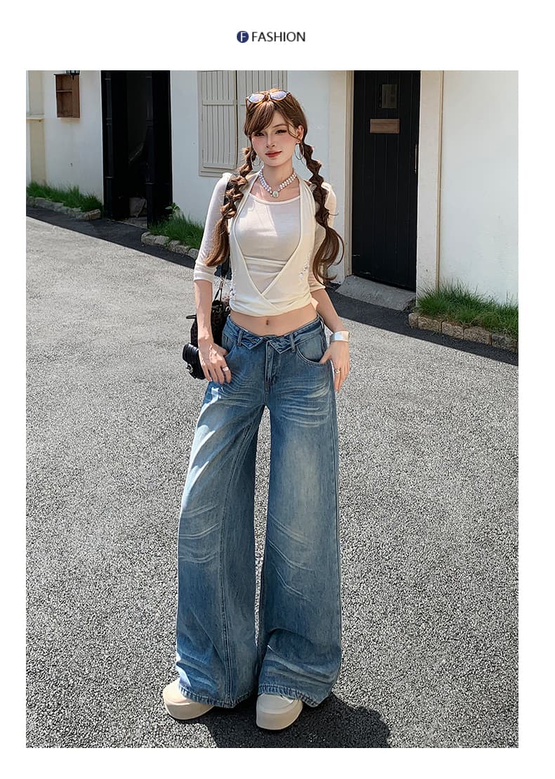 흔들어서 톤 폭발 새로운 레트로 워싱 스트레이트 청바지 여성 아메리칸 뒤집다 折腰 머리 디자인 센스 다용도 바지 상세 이미지 9