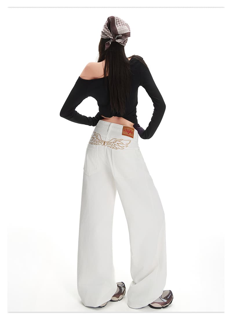 일본 싱글 26 가을 화이트 느긋한 바람 넓은 다리 청바지 여성 아메리칸 핫걸 자수 바닥 청소 루즈핏 다용도 긴 바지 상세 이미지 22