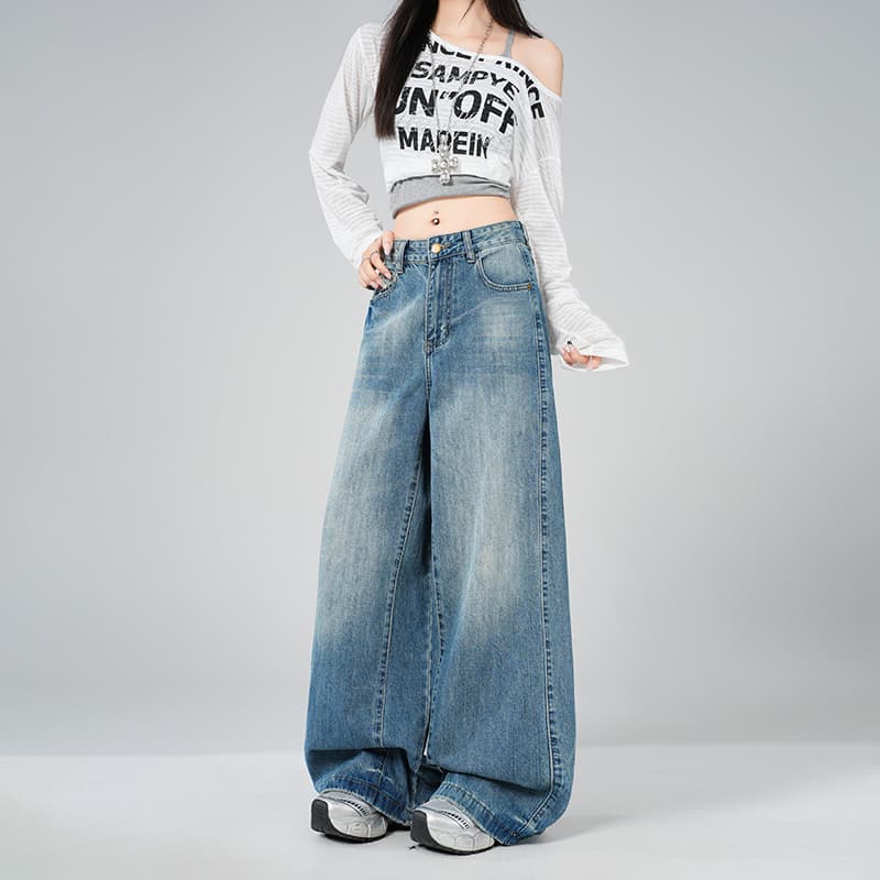 일본 싱글 Chic 파리 버클 자르기 무료 느긋한 센스 스트레이트 넓은 다리 루즈핏 도루 센스 바닥 청소 청바지 이미지 3