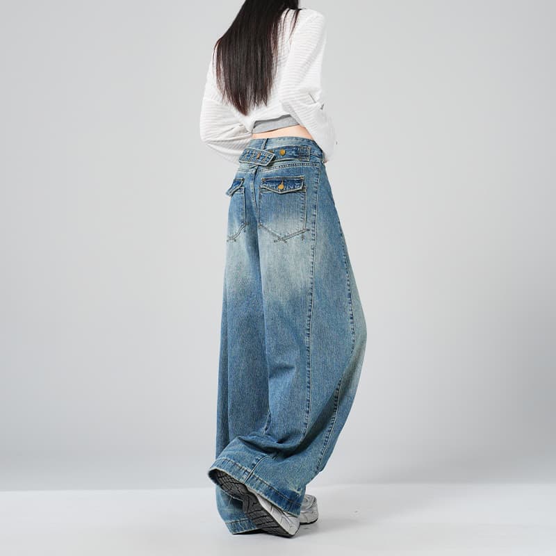 일본 싱글 Chic 파리 버클 자르기 무료 느긋한 센스 스트레이트 넓은 다리 루즈핏 도루 센스 바닥 청소 청바지 이미지 2