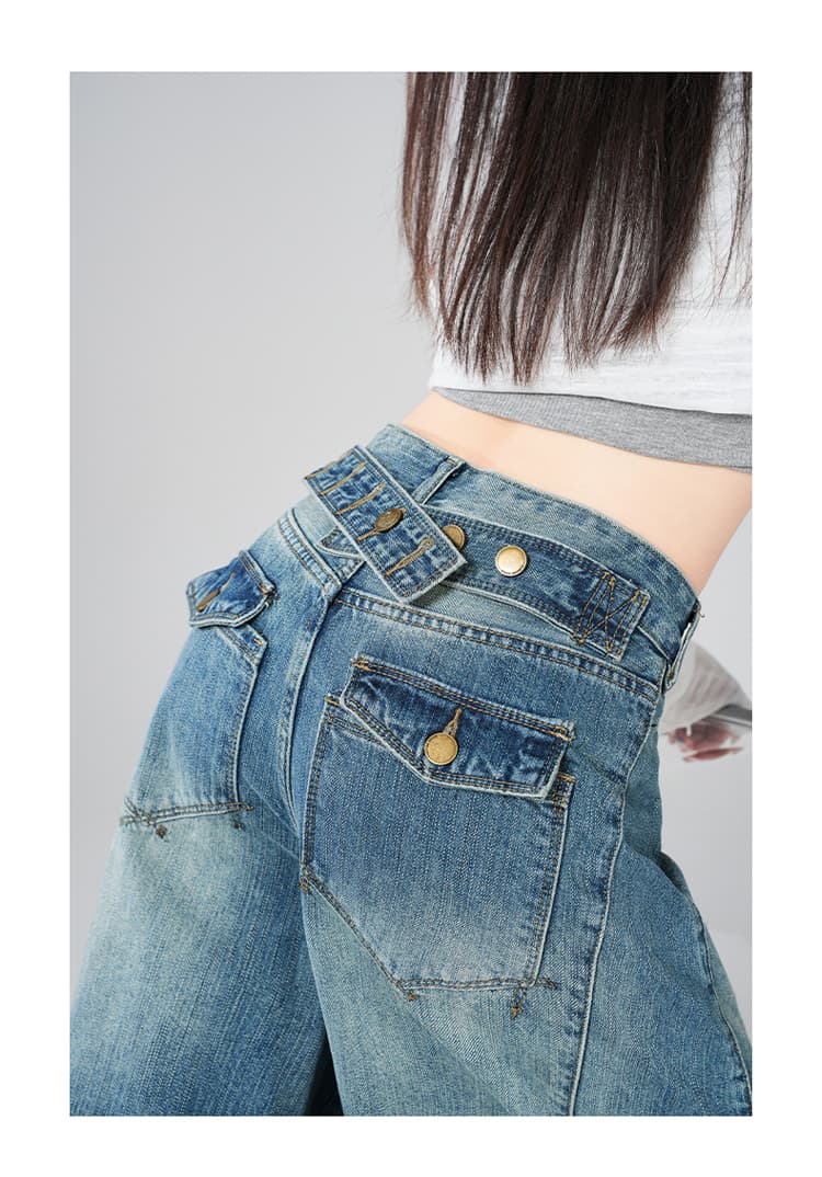 일본 싱글 Chic 파리 버클 자르기 무료 느긋한 센스 스트레이트 넓은 다리 루즈핏 도루 센스 바닥 청소 청바지 상세 이미지 8
