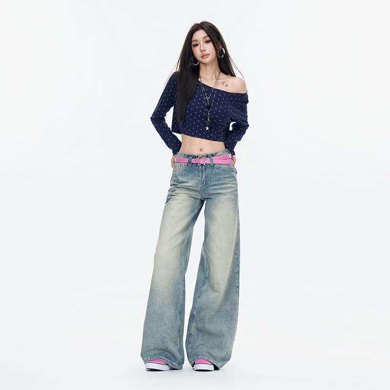 됐어. 개체 높은 품질 가을 겨울 새로운 홀치기 염색 워싱 스트레이트 팬츠 여성 아메리칸 로우 웨이스트 루즈핏 넓은 다리 데님 롱 바지