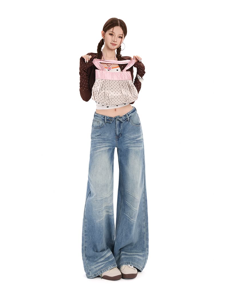 생방송 가을 새로운 디자인 센스 청바지 여성 아메리칸 뒤집다 折腰 머리 레트로 워싱 질감 스트레이트 바지 상세 이미지 10