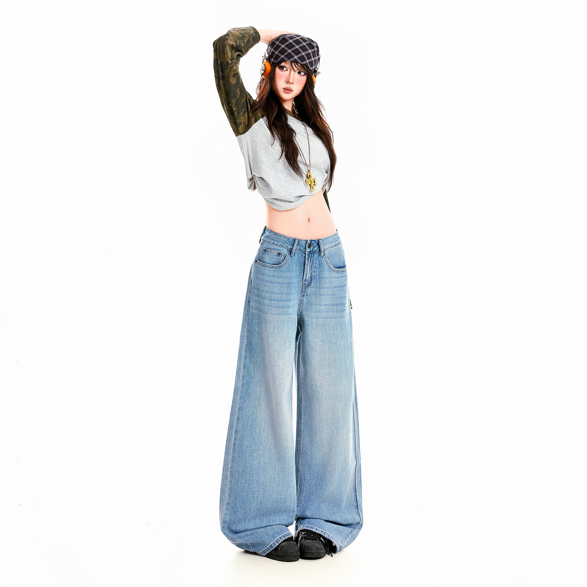 샤오홍 예약하기 추천 연삭 화이트 워싱 고양이 반드시 공예 넓은 다리 청바지 여성 아메리칸 레트로 루즈핏 슬림해 보이는 바지 이미지 2