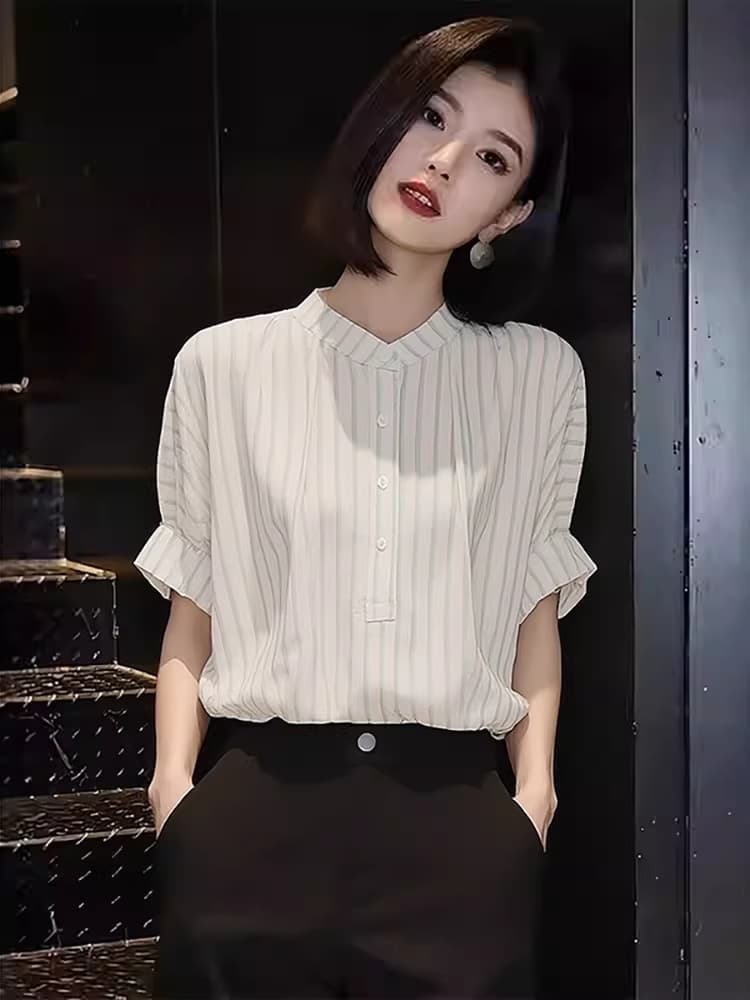 스탠드 칼라 스트라이프 출퇴근 반팔 셔츠 2026 여름 새로운 여성 의류 프랑스식 맨위 루즈핏 슬림해 보이는 다용도 셔츠 상세 이미지 1