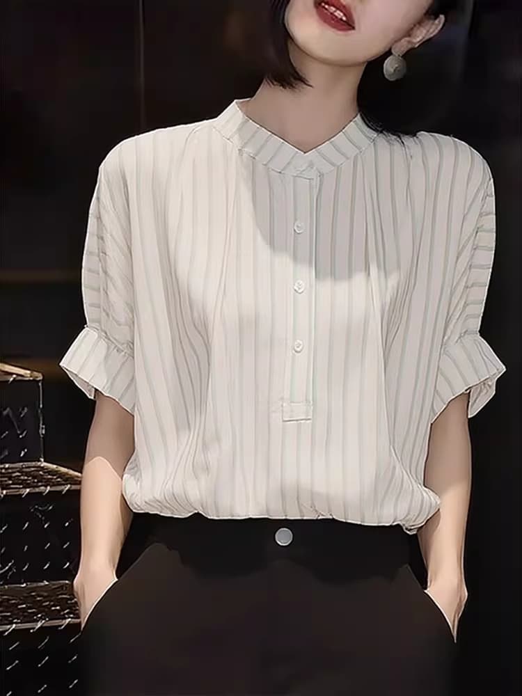 스탠드 칼라 스트라이프 출퇴근 반팔 셔츠 2026 여름 새로운 여성 의류 프랑스식 맨위 루즈핏 슬림해 보이는 다용도 셔츠 상세 이미지 2
