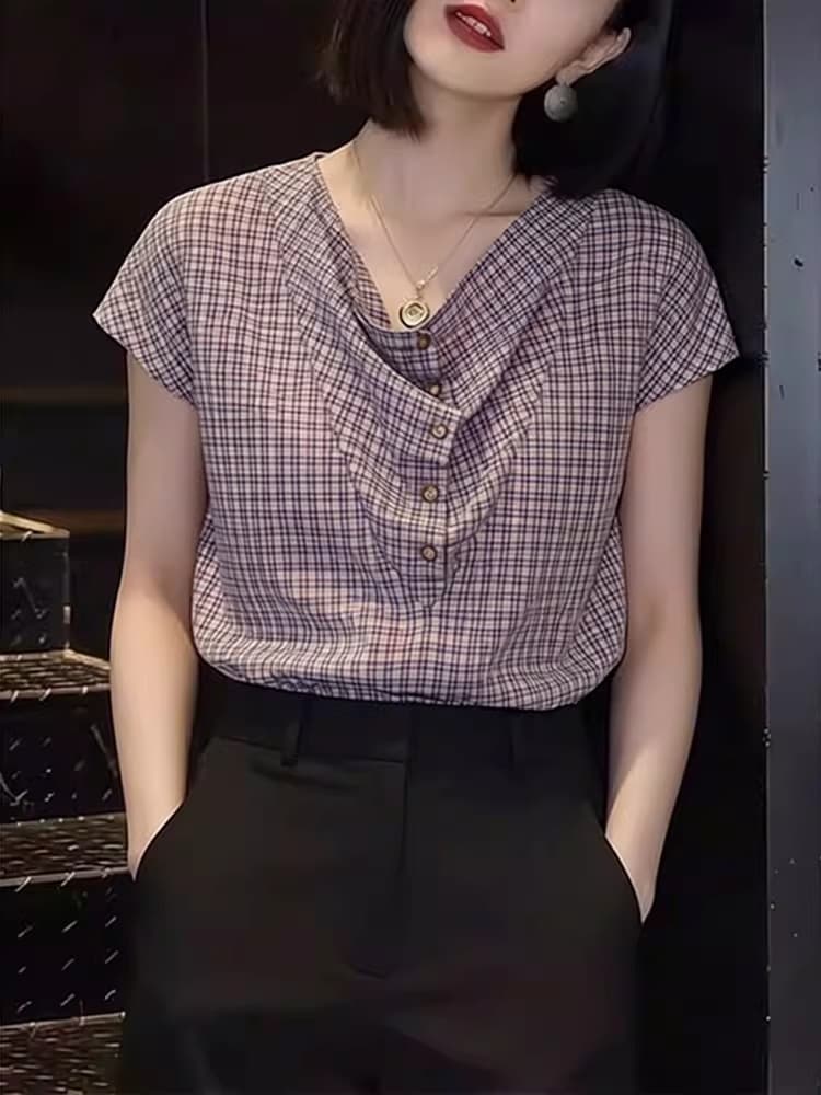 말뚝 더미 칼라 빛 요리 한 고유 한 반팔 셔츠 2026 여름 새로운 여성 의류 체크무늬 셔츠 슬림해 보이는 슈퍼 잘 생긴 작은 셔츠 이미지 2