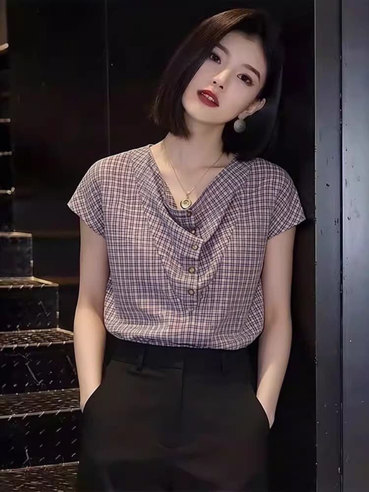 말뚝 더미 칼라 빛 요리 한 고유 한 반팔 셔츠 2026 여름 새로운 여성 의류 체크무늬 셔츠 슬림해 보이는 슈퍼 잘 생긴 작은 셔츠 상세 이미지 1
